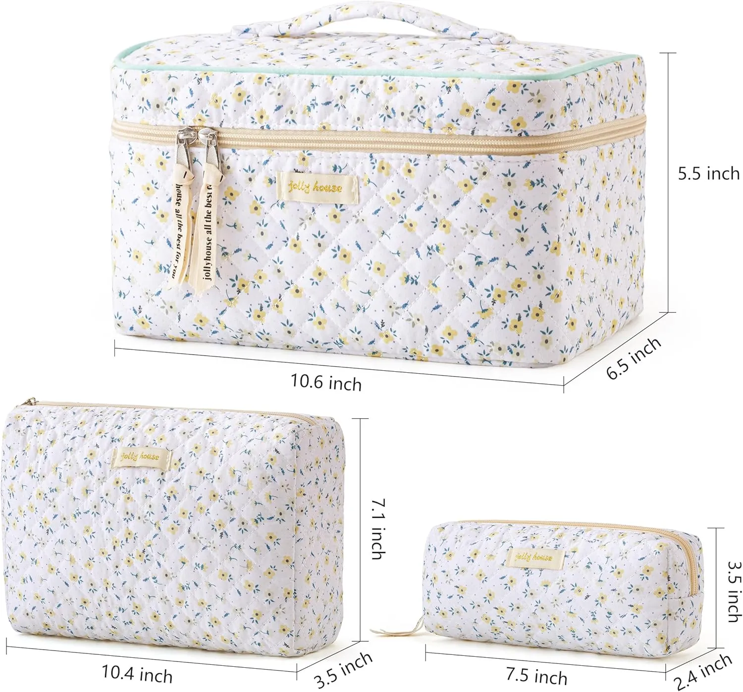 HBselect Quilted Makeup Bag, 3PCS Cotton Large Travel Makeup Bag, Cute Floral Coquette Make up Bag Cosmetic Bag Toiletry Bag for Women Girls