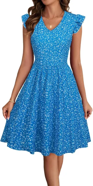 HELYO Women's Summer Dresses Cute V Neck Ruffle Sleeve Cocktail Short Work Casual Dress with Pockets 648