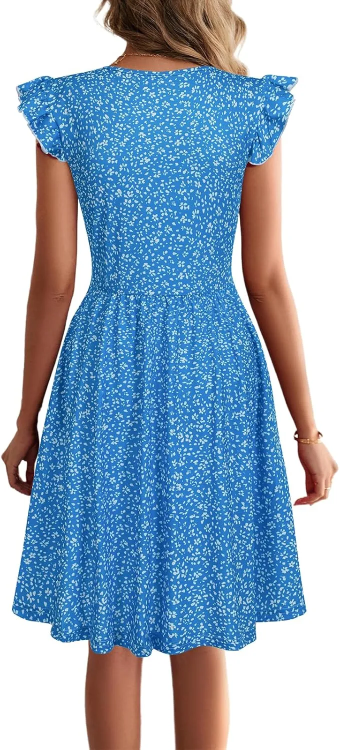 HELYO Women's Summer Dresses Cute V Neck Ruffle Sleeve Cocktail Short Work Casual Dress with Pockets 648