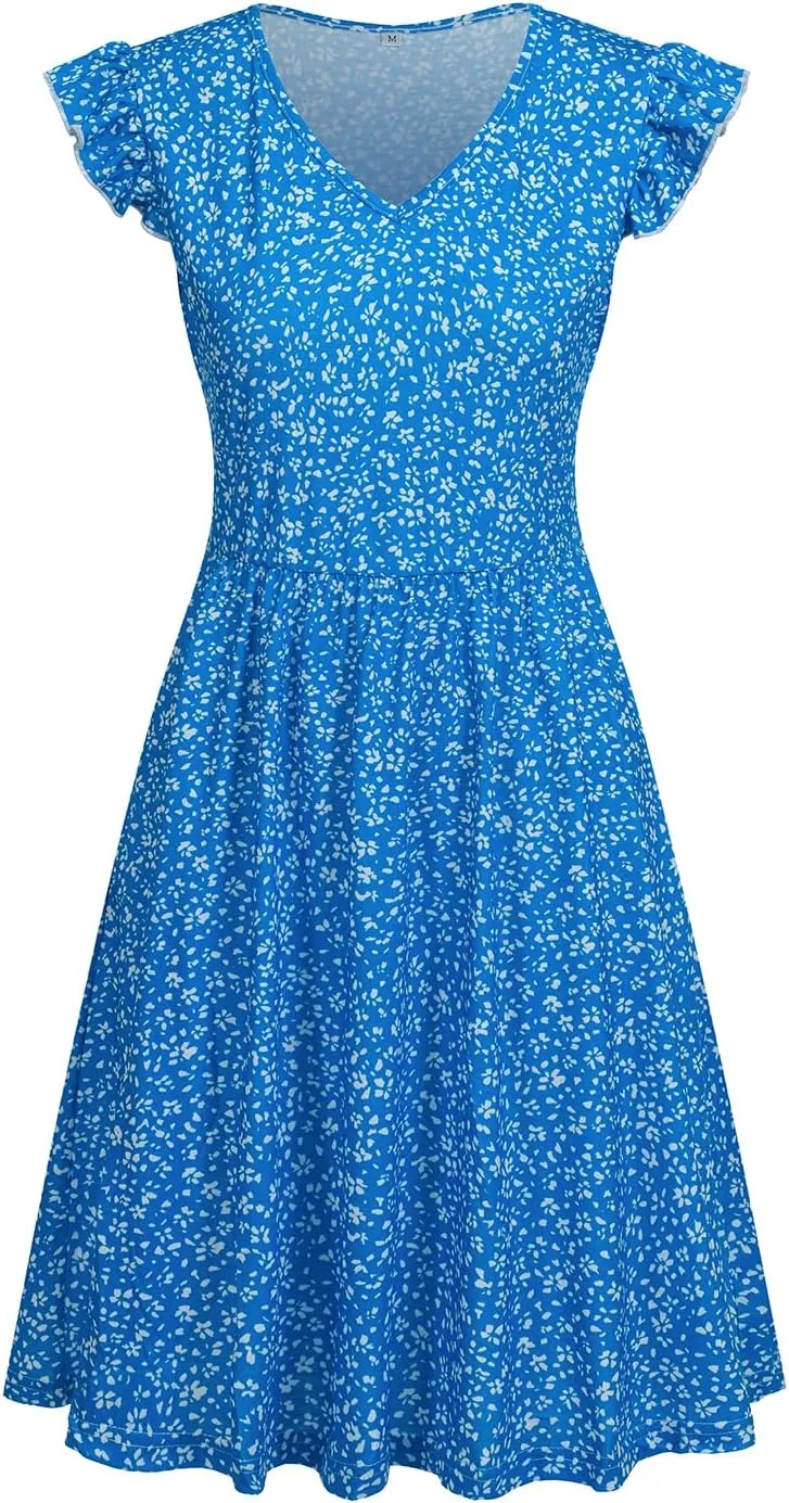 HELYO Women's Summer Dresses Cute V Neck Ruffle Sleeve Cocktail Short Work Casual Dress with Pockets 648