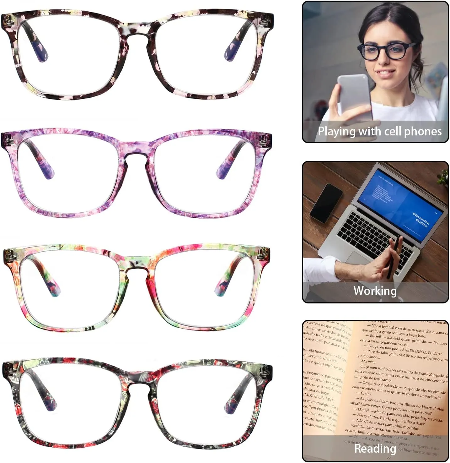 Henotin 4-Pack Blue Light Blocking Reading Glasses Women Men,Spring Hinge Computer Readers,Anti UV Ray Square Nerd Eyeglasses (Ladies Readers with Pattern Print, 0.0, Diopters)