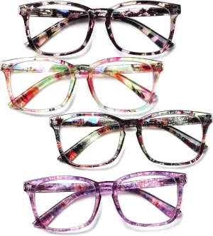 Henotin 4-Pack Blue Light Blocking Reading Glasses Women Men,Spring Hinge Computer Readers,Anti UV Ray Square Nerd Eyeglasses (Ladies Readers with Pattern Print, 0.0, Diopters)