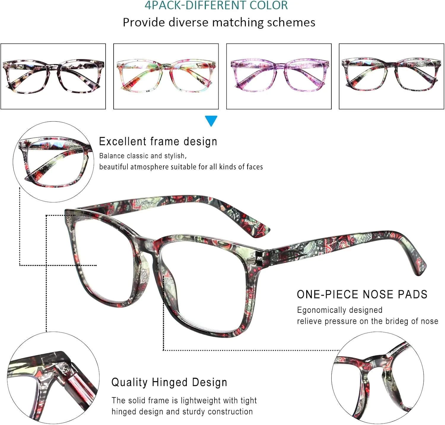 Henotin 4-Pack Blue Light Blocking Reading Glasses Women Men,Spring Hinge Computer Readers,Anti UV Ray Square Nerd Eyeglasses (Ladies Readers with Pattern Print, 0.0, Diopters)