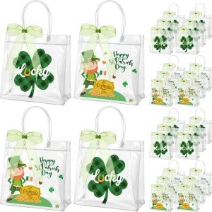 Henoyso 24 Pcs St. Patrick's Day Clear Gift Bags Plastic Shamrock Party Favor Bags with Handles and Ribbon Green Lucky Clover Gift Bags 7.8 x 7.8 x 3.1 PVC Totes for Irish Goodie Treat Gift Wrap
