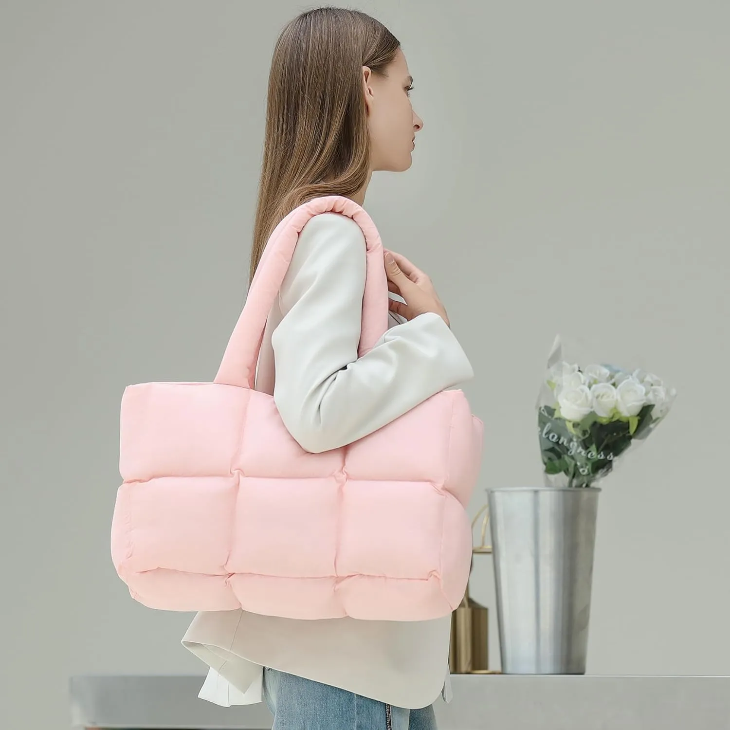 Herald Puffer Tote Bag for Women, Large Quilted Puffy Handbag Lightweight Satchel Purse for Work Travel Gym Shop