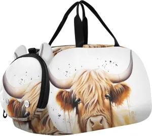 Highland Cow Portrait Duffle Bag for Girl, Sports Duffle Gym Bags with Shoe Compartment, Personalized Overnight Bag Travel Weekender for Kids