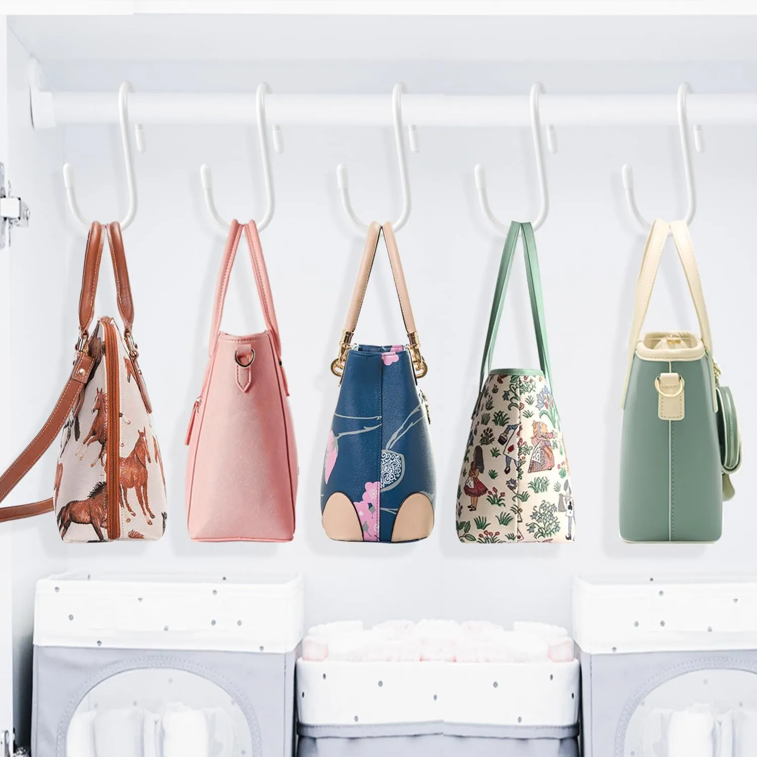 HiGift 12 Pack Purse Hanger for Closet, Unique Twist Design White Vinyl Coated Bag Hooks Organizer hanging, Large Closet Hooks Purse Organizer Holder for Hanging Purses,Handbag,Belt,Hat,Backpack,Jeans