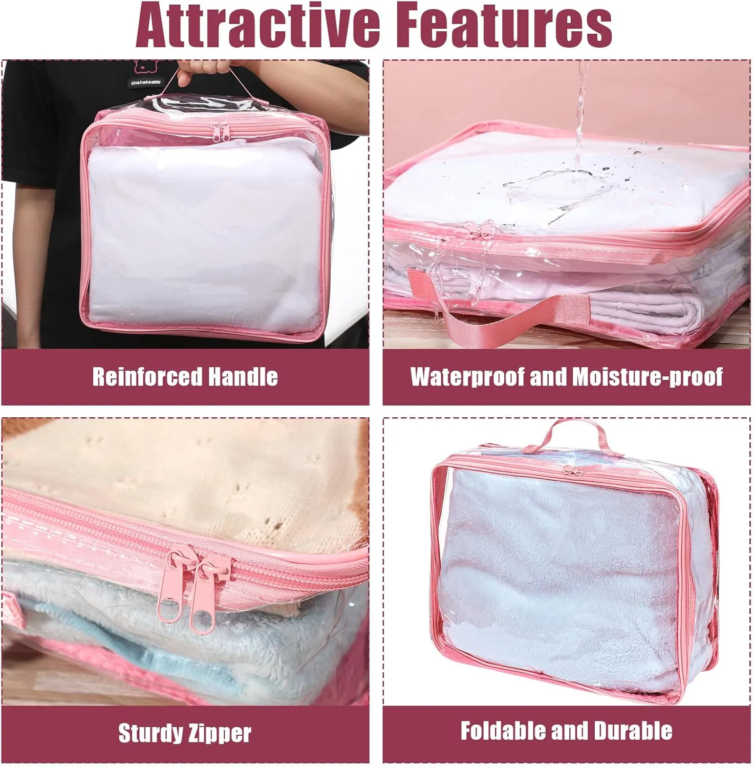 Hillban 6 Pcs Pink Large Clear Travel Packing Cube 3 Sizes See Through PVC Organizer for Suitcase Multipurpose Pouch with Handle Vinyl Zippered Storage Bags Luggage Cube Organizer