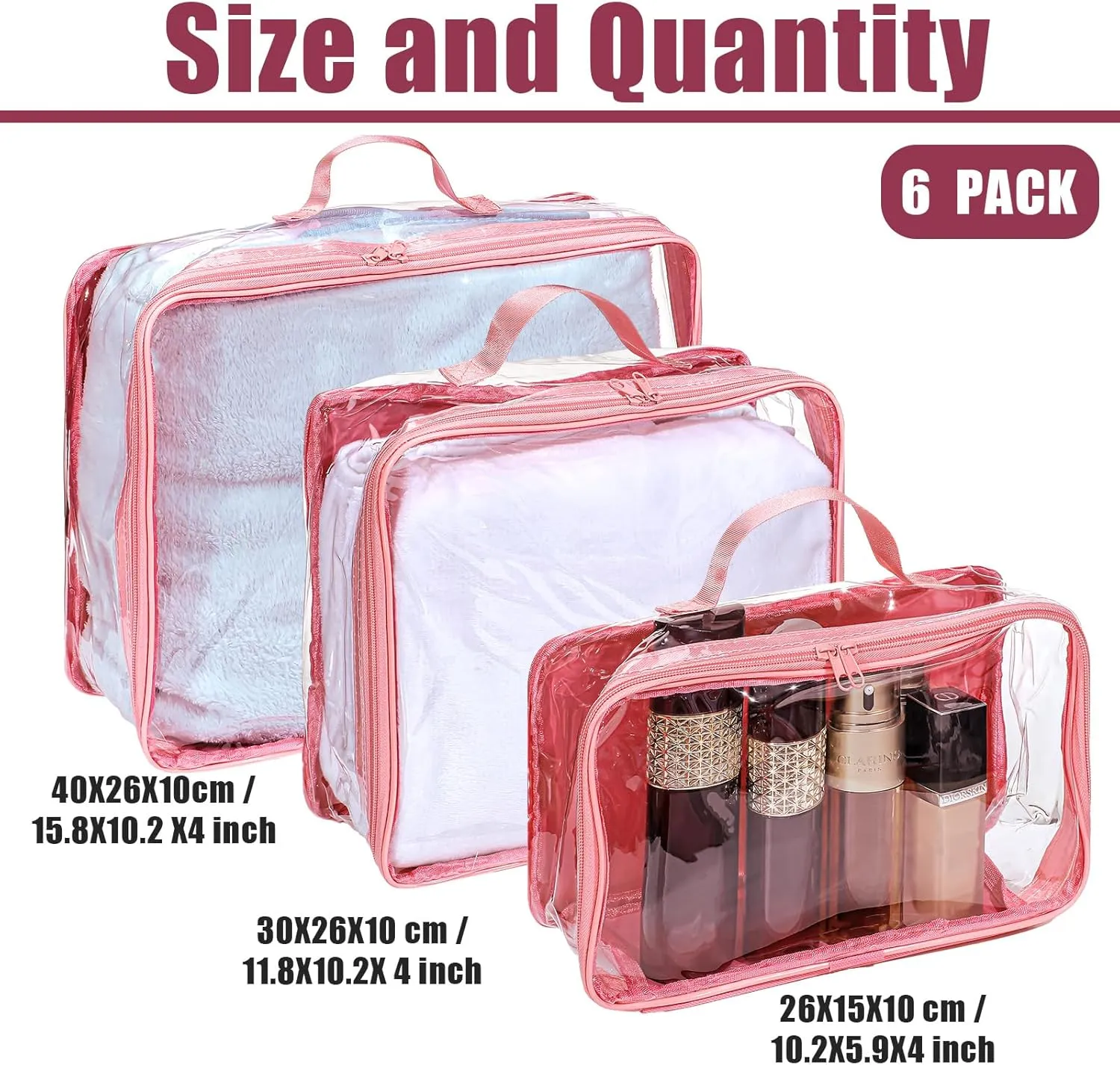 Hillban 6 Pcs Pink Large Clear Travel Packing Cube 3 Sizes See Through PVC Organizer for Suitcase Multipurpose Pouch with Handle Vinyl Zippered Storage Bags Luggage Cube Organizer