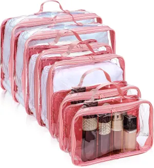 Hillban 6 Pcs Pink Large Clear Travel Packing Cube 3 Sizes See Through PVC Organizer for Suitcase Multipurpose Pouch with Handle Vinyl Zippered Storage Bags Luggage Cube Organizer