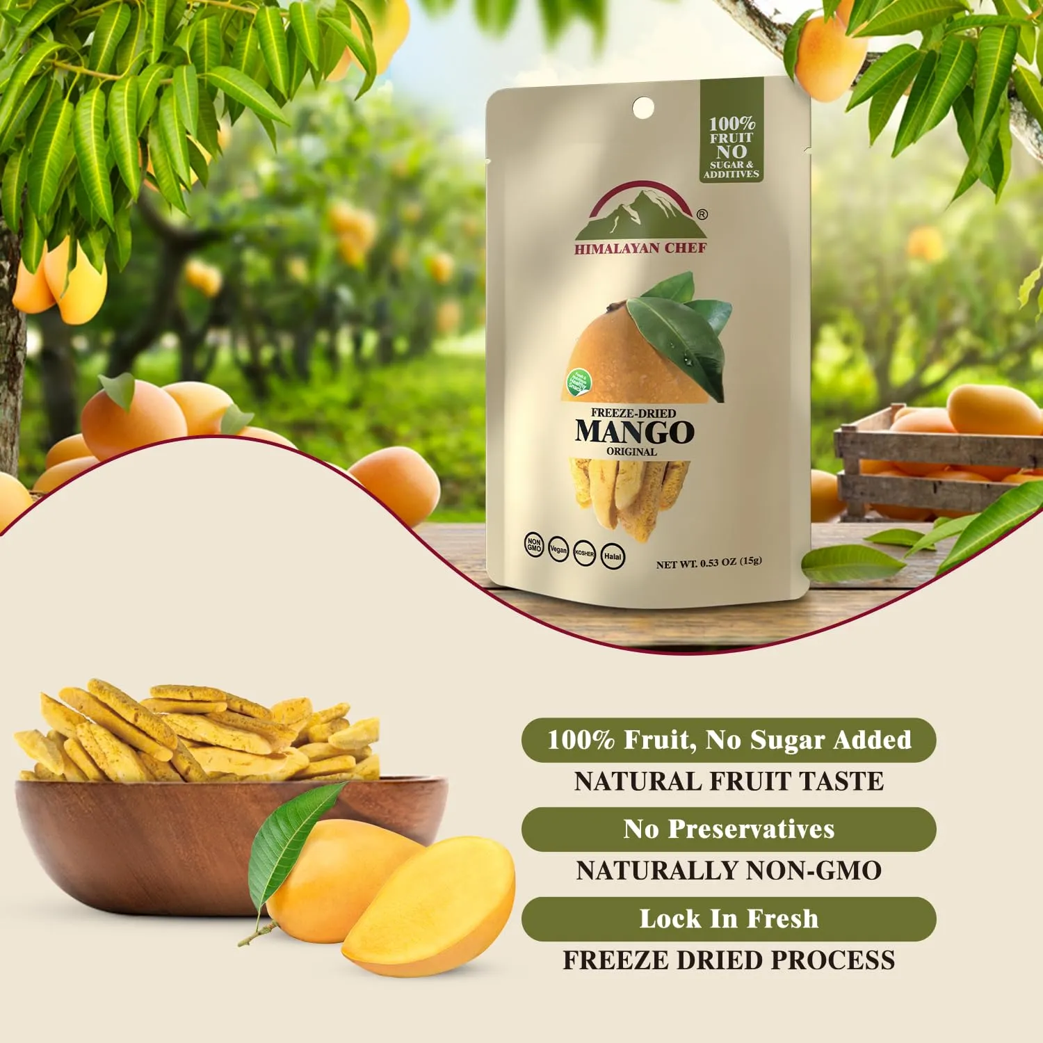 Himalayan Chef Freeze-Dried Fruit – 15g Freeze-Dried Mango, Pack of 10 Bags | Organic Fruit Snacks, Healthy Snacks for Kids & Adults | Baby Snacks, Gluten-Free Dried Fruit