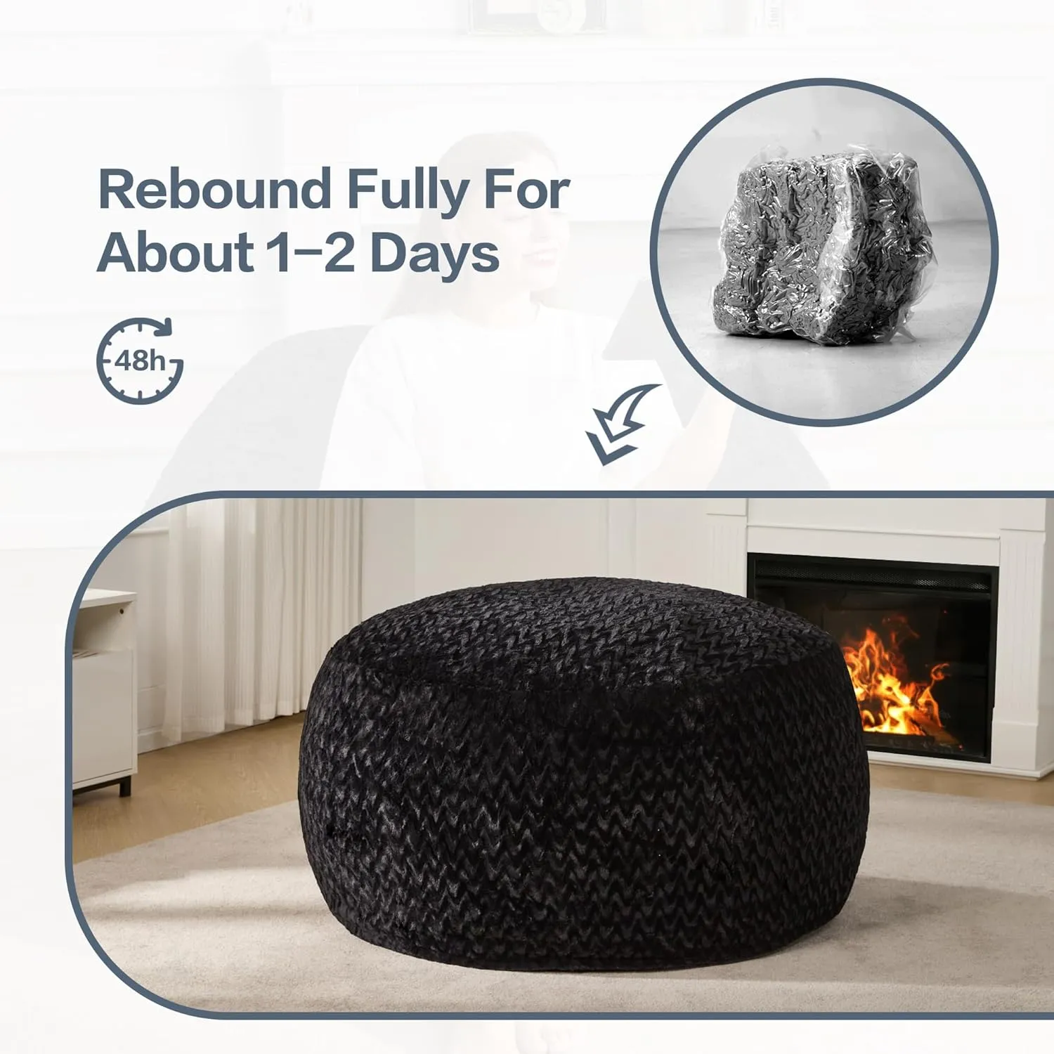 Hobestluk 4ft Bean Bag Chairs for Adults Large Beanbag Chair with Chevron Plush Fur Cover Big Bean Bag Chair for Living Room Bedroom Dorm Office - Black (44” x 44” x 24”)
