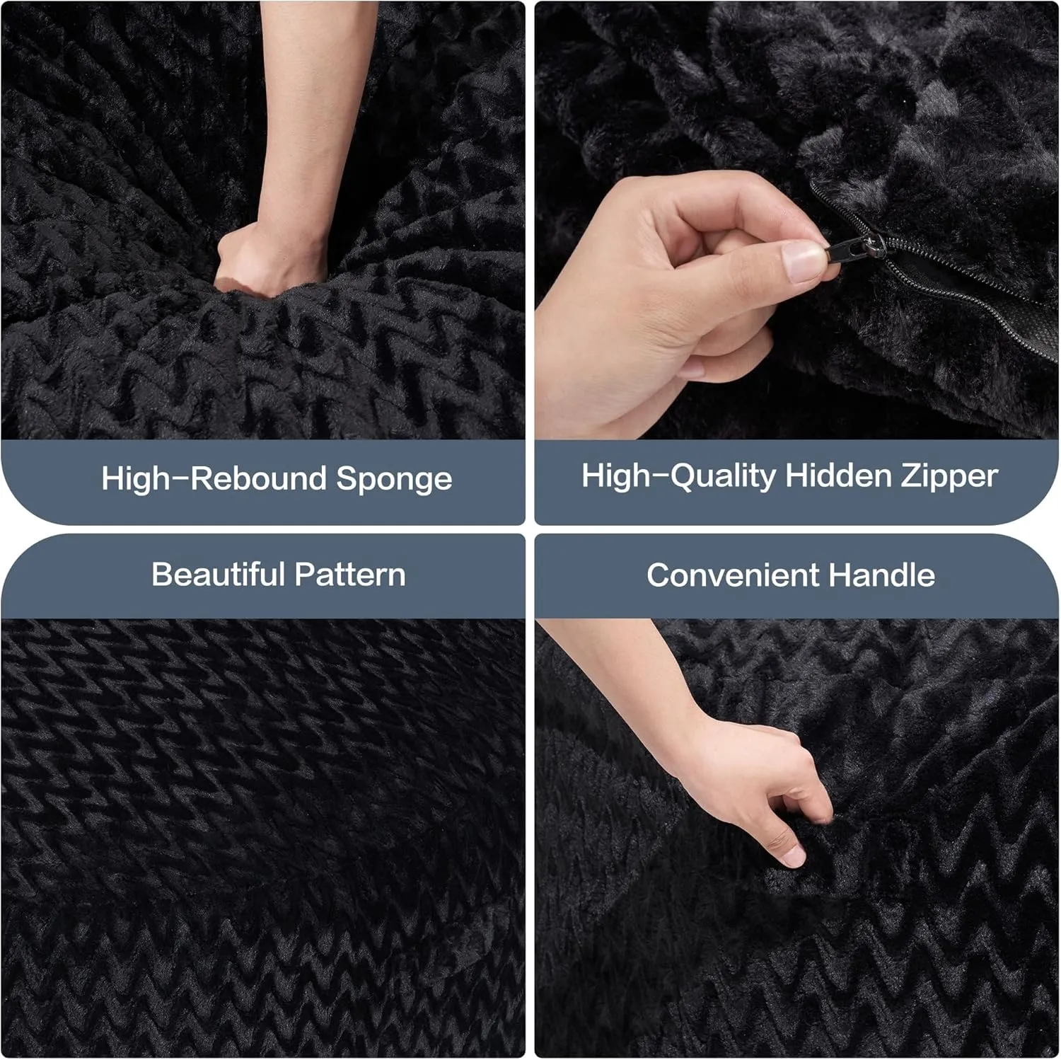 Hobestluk 4ft Bean Bag Chairs for Adults Large Beanbag Chair with Chevron Plush Fur Cover Big Bean Bag Chair for Living Room Bedroom Dorm Office - Black (44” x 44” x 24”)