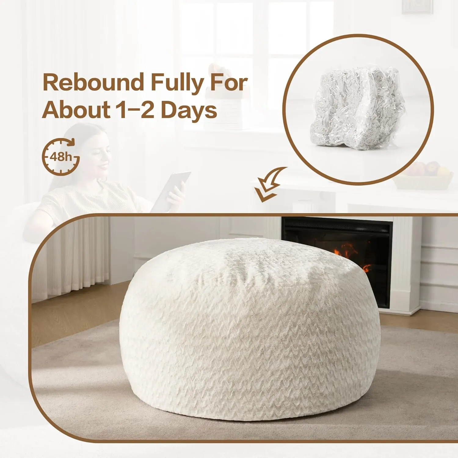 Hobestluk 4ft Bean Bag Chairs for Adults Large Beanbag Chair with Chevron Plush Fur Cover Big Bean Bag Chair for Living Room Bedroom Dorm Office - White (44” x 44” x 24”)