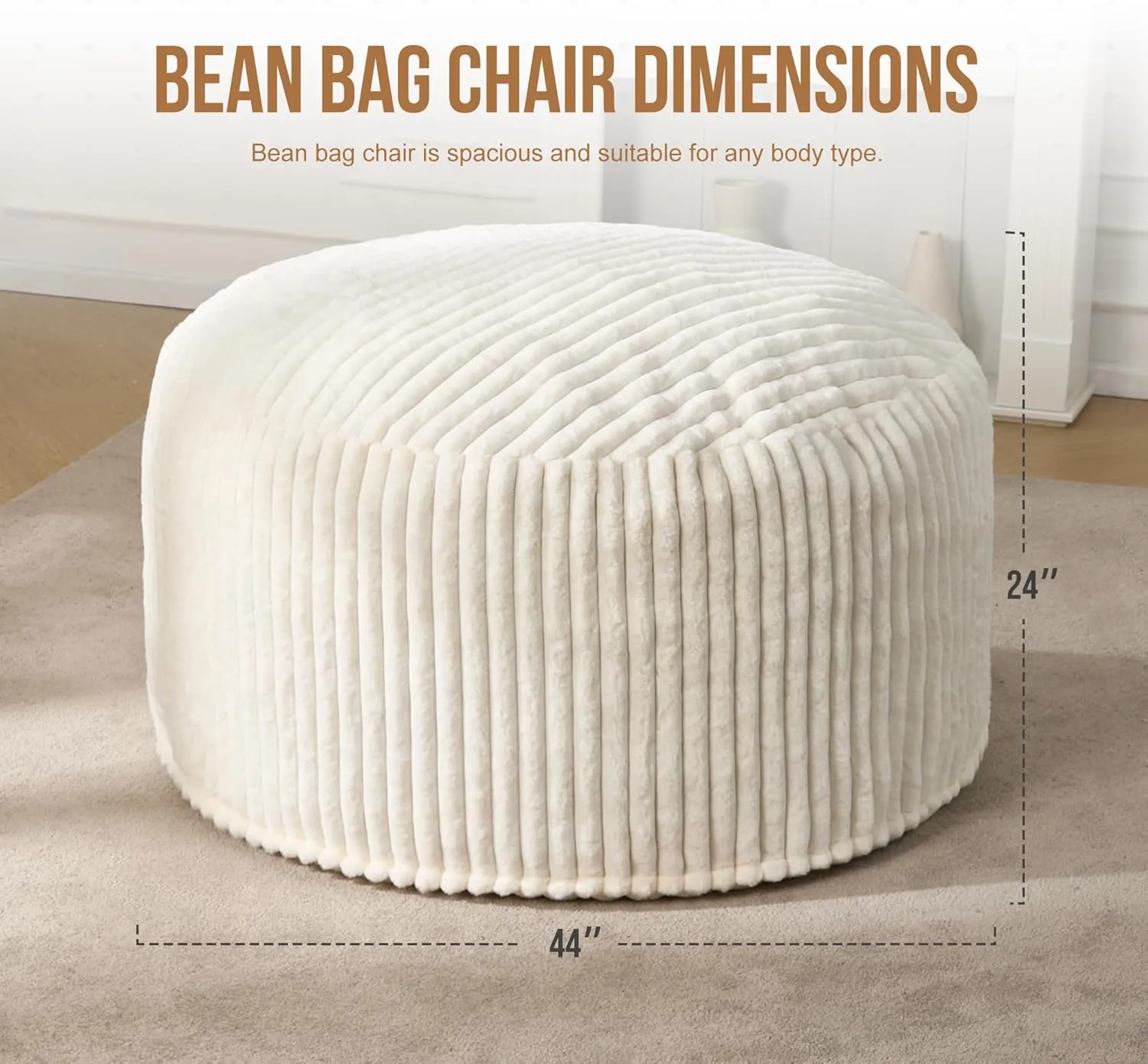 Hobestluk 4ft Bean Bag Chairs for Adults Large Beanbag Chair with Dutch Corded Plush Cover Big Bean Bag Chair for Living Room Bedroom Dorm Office - White (44" x 44" x 24")