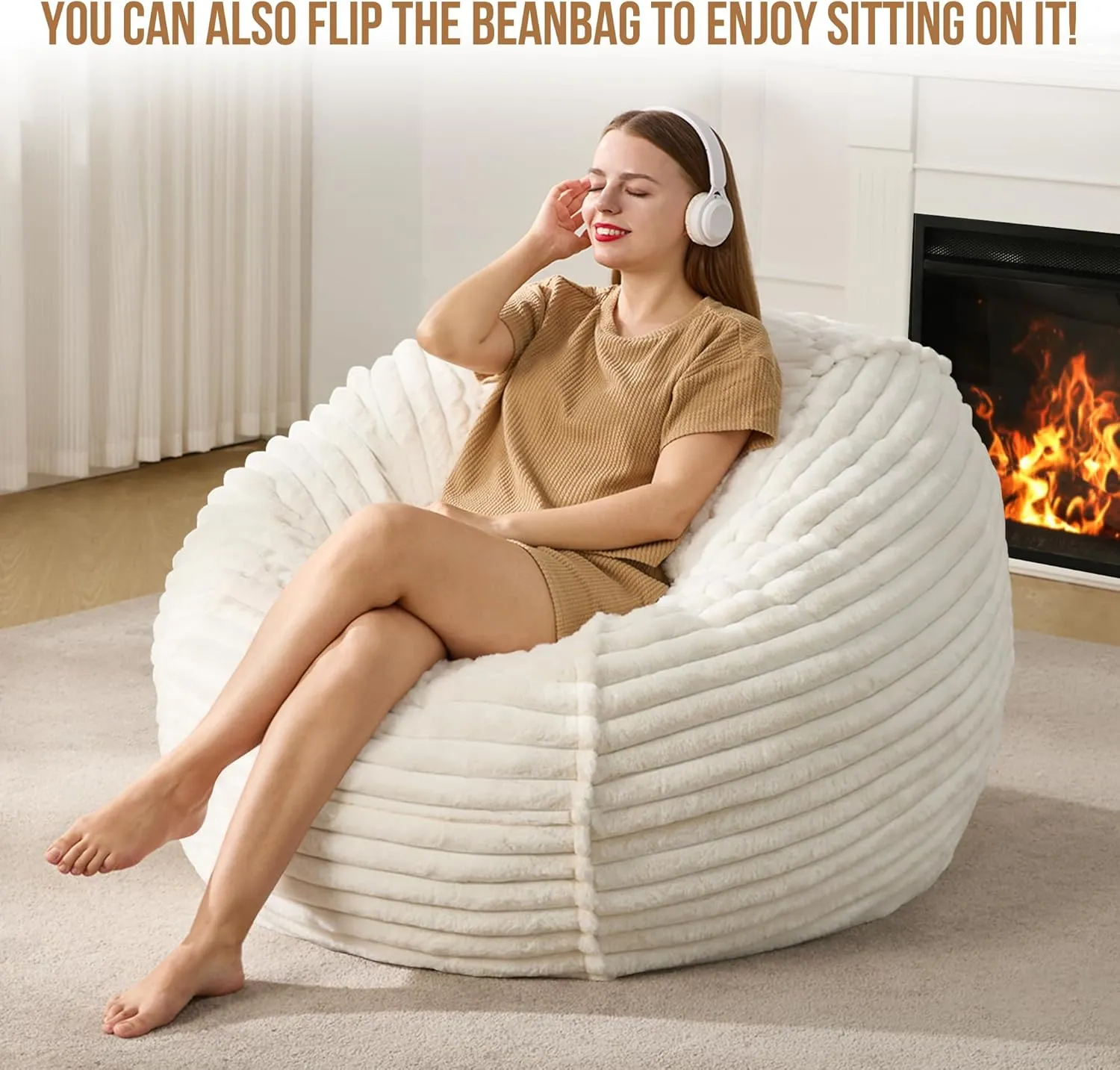 Hobestluk 4ft Bean Bag Chairs for Adults Large Beanbag Chair with Dutch Corded Plush Cover Big Bean Bag Chair for Living Room Bedroom Dorm Office - White (44" x 44" x 24")