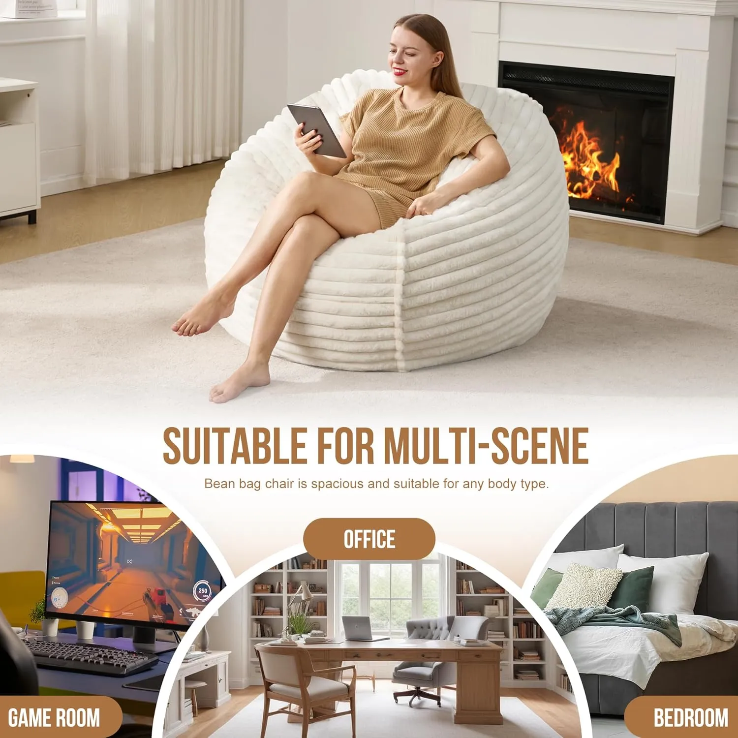 Hobestluk 4ft Bean Bag Chairs for Adults Large Beanbag Chair with Dutch Corded Plush Cover Big Bean Bag Chair for Living Room Bedroom Dorm Office - White (44" x 44" x 24")