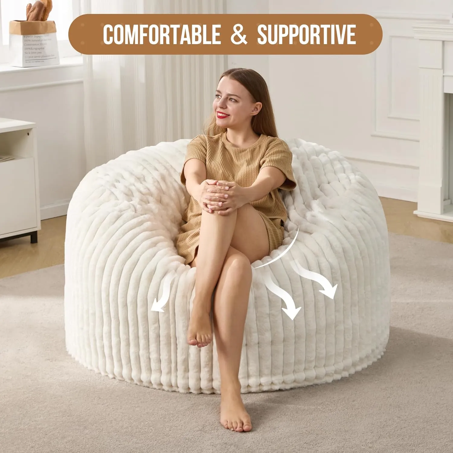 Hobestluk 4ft Bean Bag Chairs for Adults Large Beanbag Chair with Dutch Corded Plush Cover Big Bean Bag Chair for Living Room Bedroom Dorm Office - White (44" x 44" x 24")