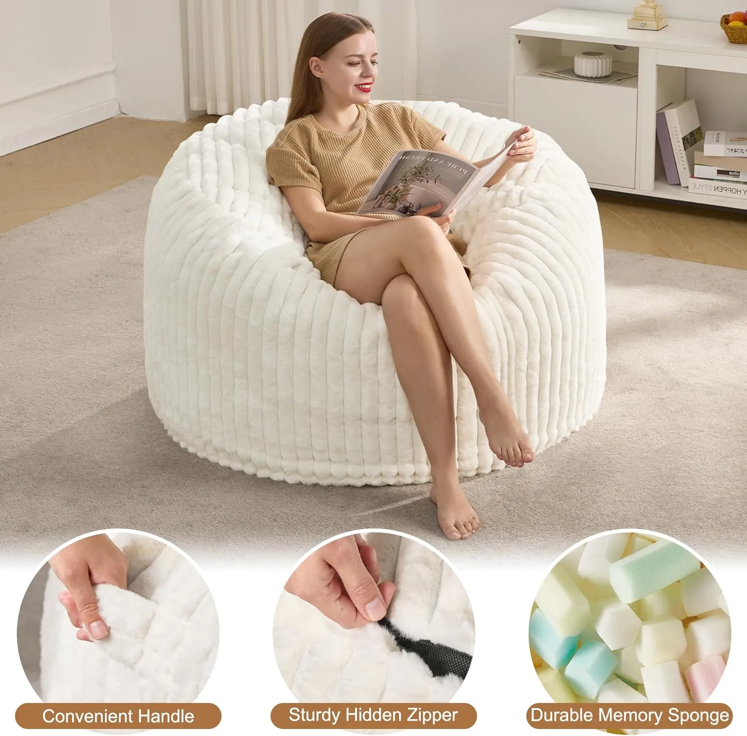 Hobestluk 4ft Bean Bag Chairs for Adults Large Beanbag Chair with Dutch Corded Plush Cover Big Bean Bag Chair for Living Room Bedroom Dorm Office - White (44" x 44" x 24")
