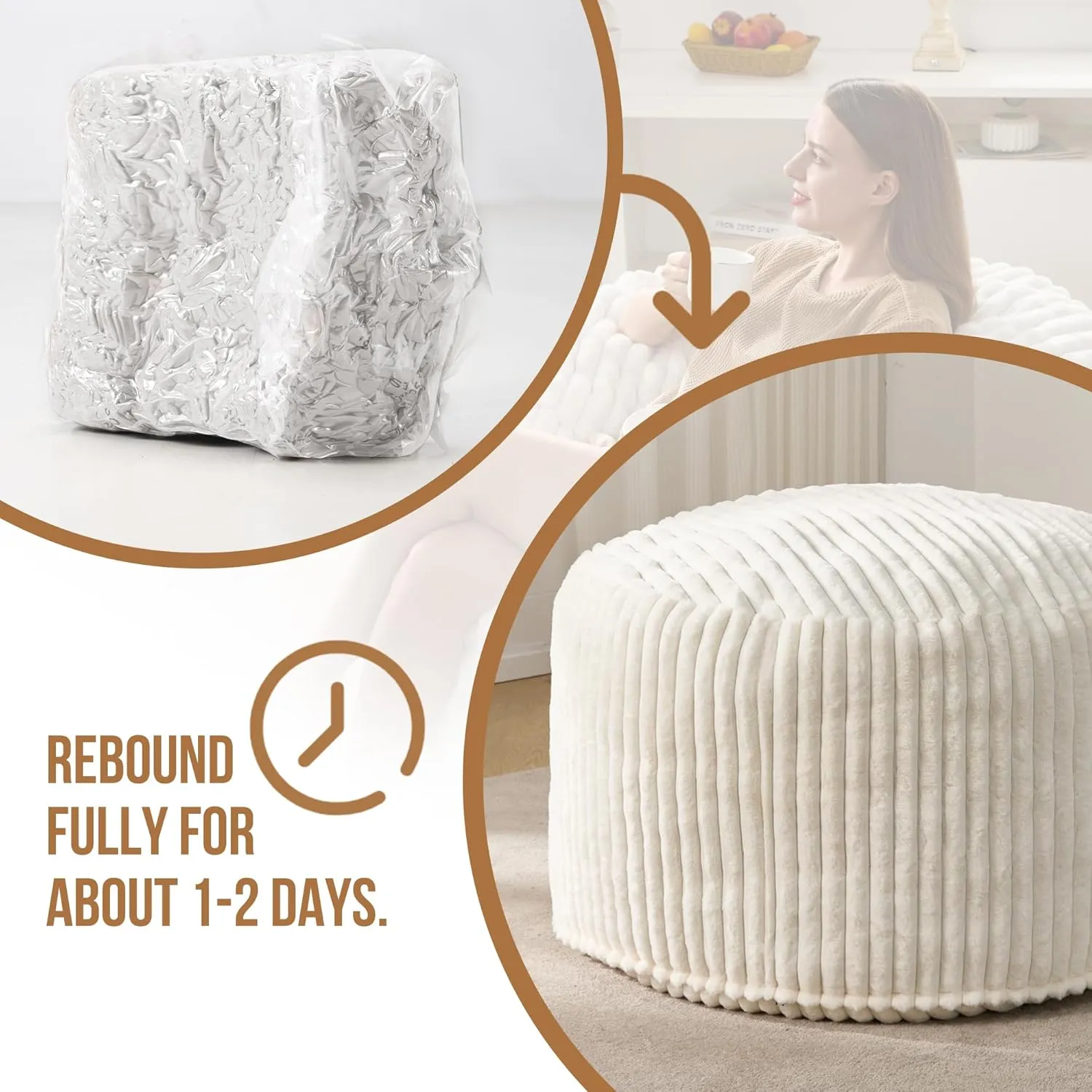 Hobestluk 4ft Bean Bag Chairs for Adults Large Beanbag Chair with Dutch Corded Plush Cover Big Bean Bag Chair for Living Room Bedroom Dorm Office - White (44" x 44" x 24")