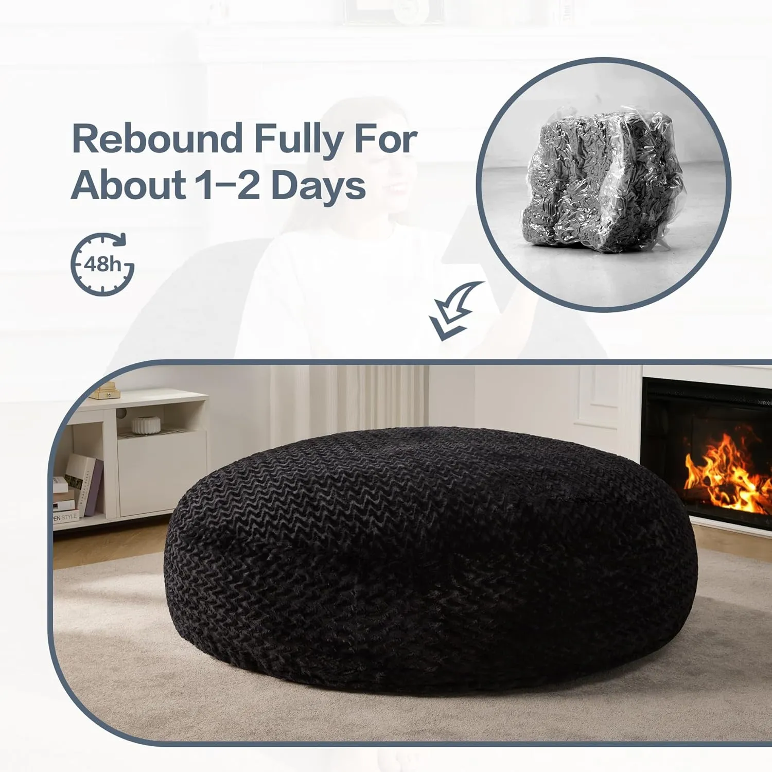 Hobestluk 6ft Bean Bag Chairs for Adults Large Beanbag Chair with Chevron Plush Fur Cover Big Bean Bag Chair for Living Room Bedroom Dorm Office - Black (70" x 70" x 15")