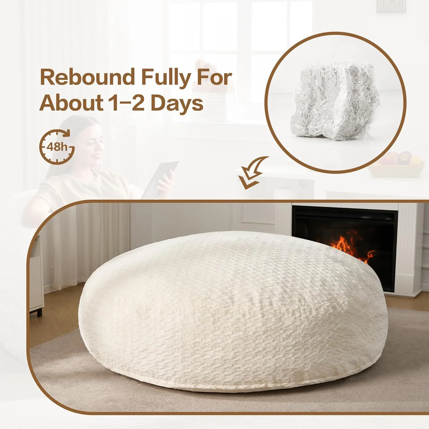 Hobestluk 6ft Bean Bag Chairs for Adults Large Beanbag Chair with Chevron Plush Fur Cover Big Bean Bag Chair for Living Room Bedroom Dorm Office - White (70" x 70" x 15")