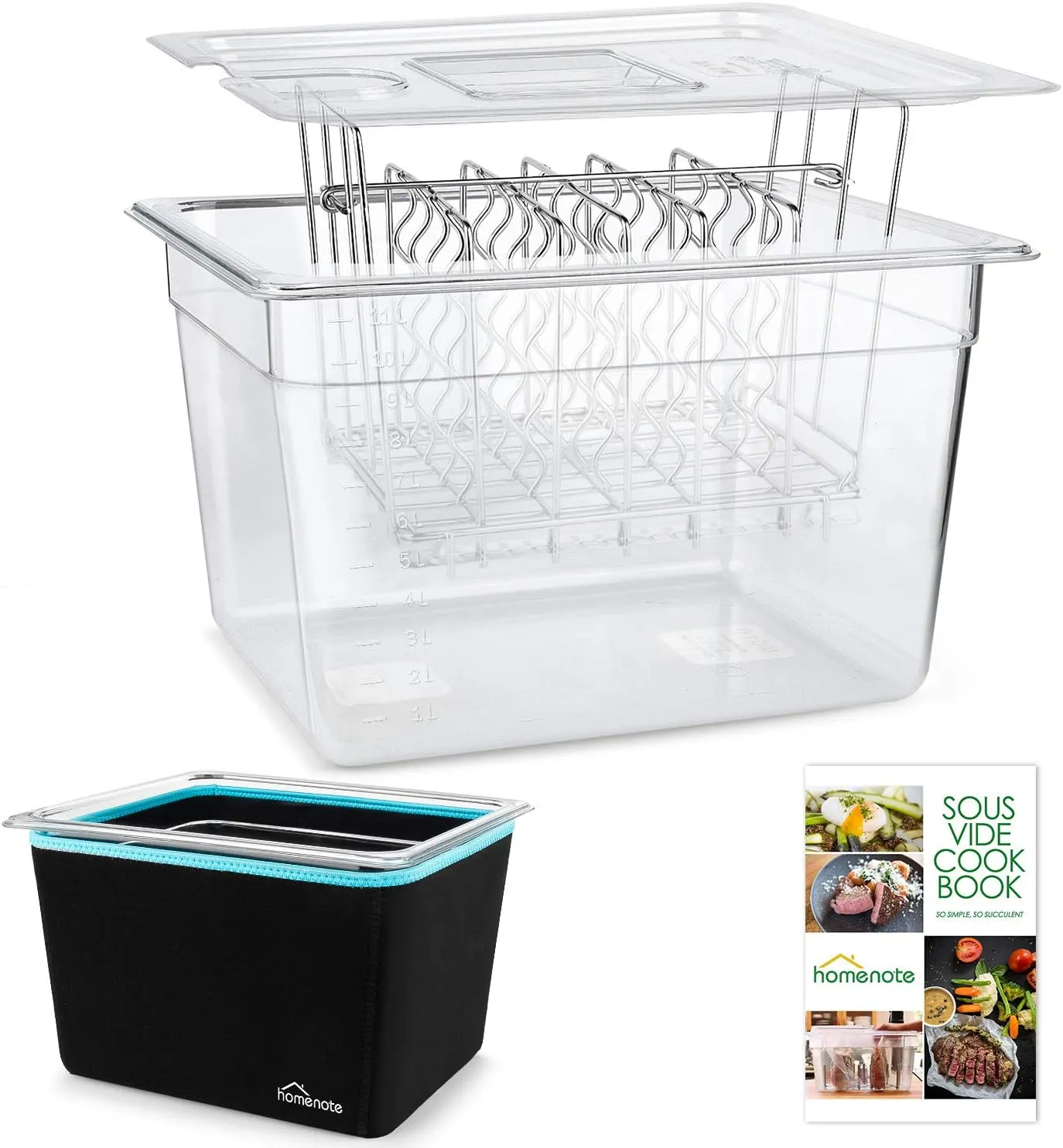 HOMENOTE Container 12 Quart with Lid & Rack and Sleeve - BPA Free Complete Sous Vide Accessories Kit with Cookbook For Anova and Most Sous Vide Cookers