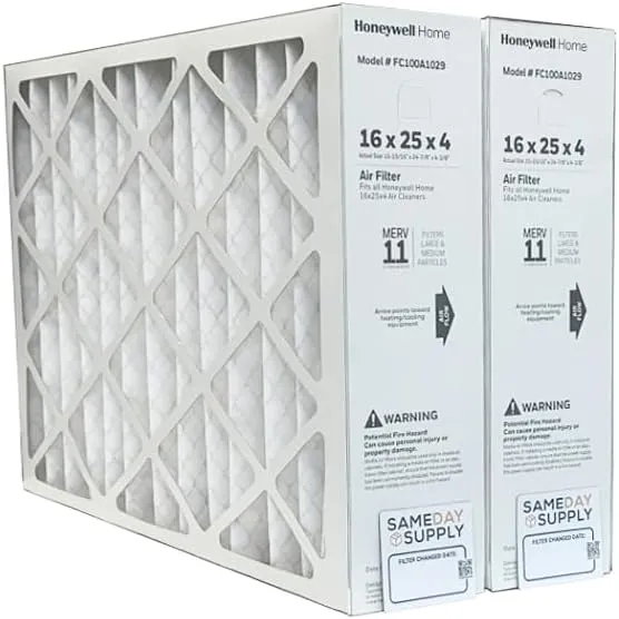 Honeywell FC100A1029 (2 Pack) - 16" x 25" x 4" Pleated Air Filter, MERV 11 Bundle with Same Day Supply Filter Change Reminder