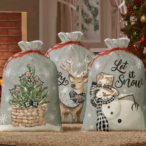 Horaldaily 3PCS Bags - 16x20 Inch, Grey Christmas Tree Snowman Deer Stocking Storage Sacks for Presents, Xmas Gift Bags & Party Favors