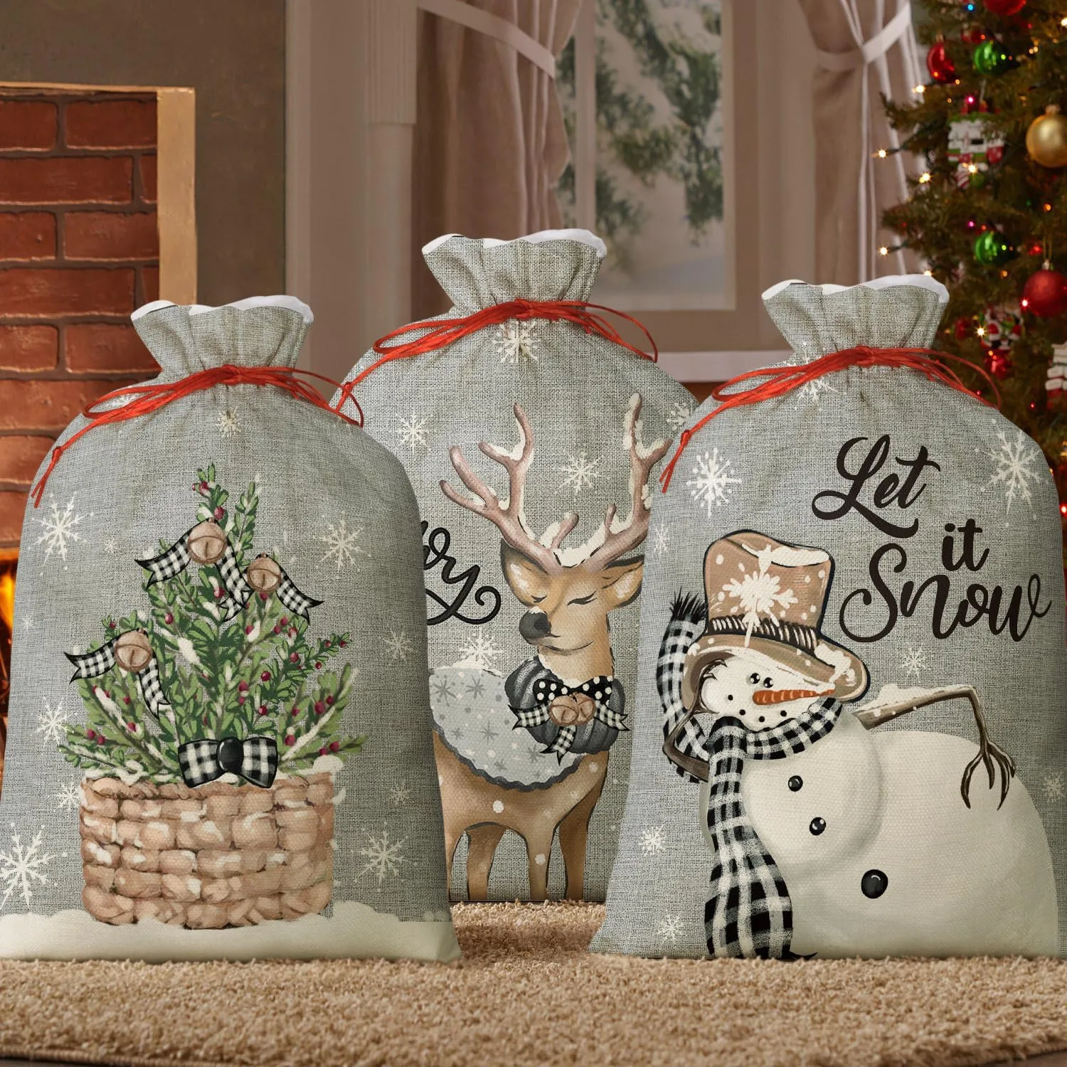 Horaldaily 3PCS Bags - 16x20 Inch, Grey Christmas Tree Snowman Deer Stocking Storage Sacks for Presents, Xmas Gift Bags & Party Favors