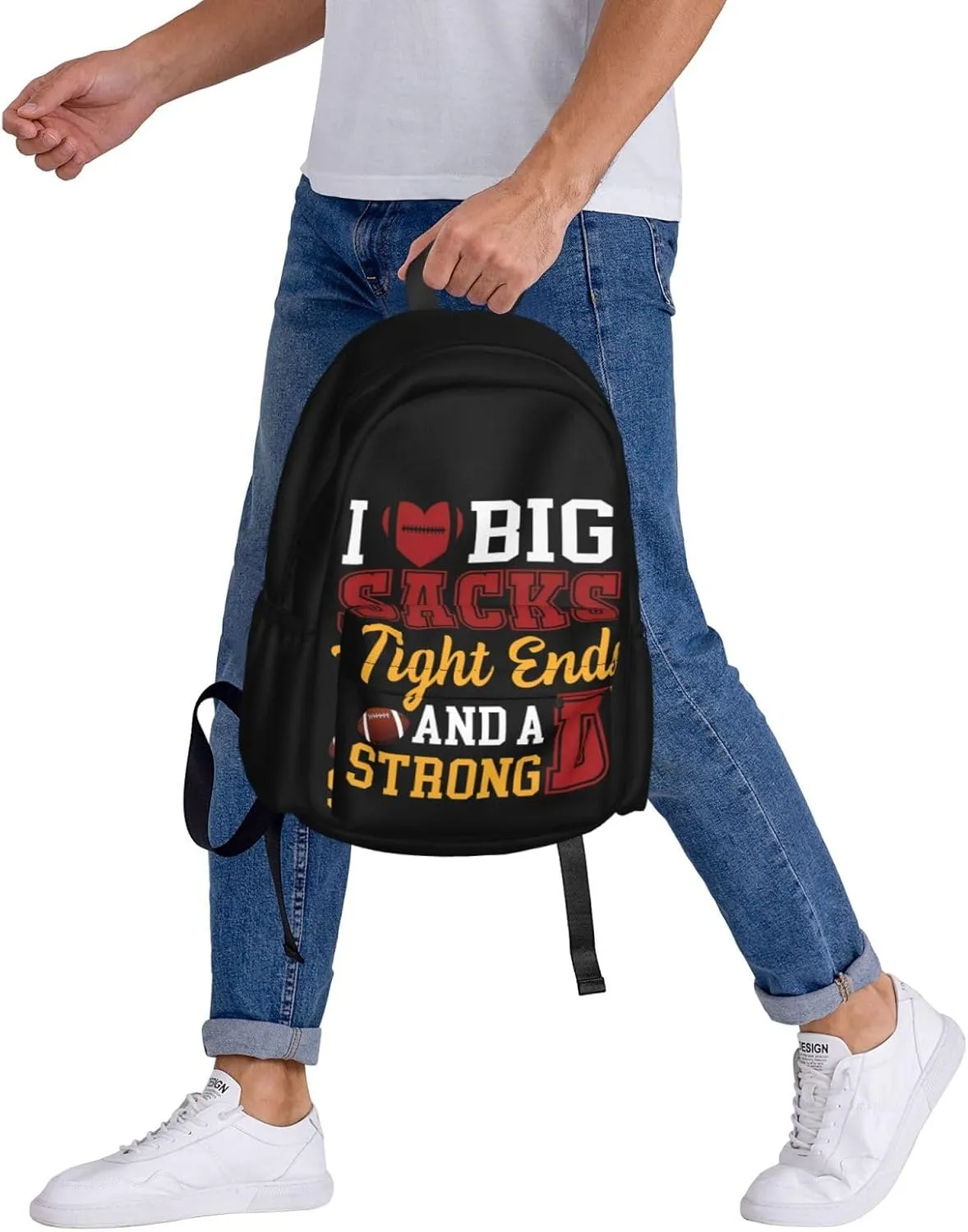 I Love Big Sacks Tight Ends and A Strong D Funny Football Backpack Casual Laptop Backpack Large Capacity Double Shoulder Bag Travel Daypack For Women Men