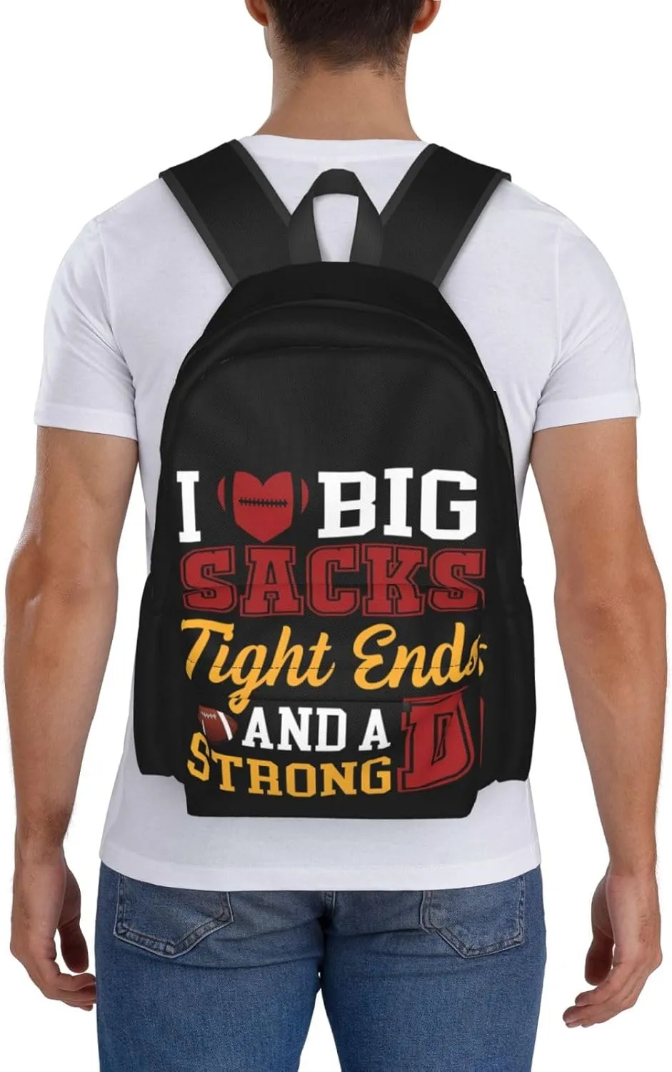 I Love Big Sacks Tight Ends and A Strong D Funny Football Backpack Casual Laptop Backpack Large Capacity Double Shoulder Bag Travel Daypack For Women Men