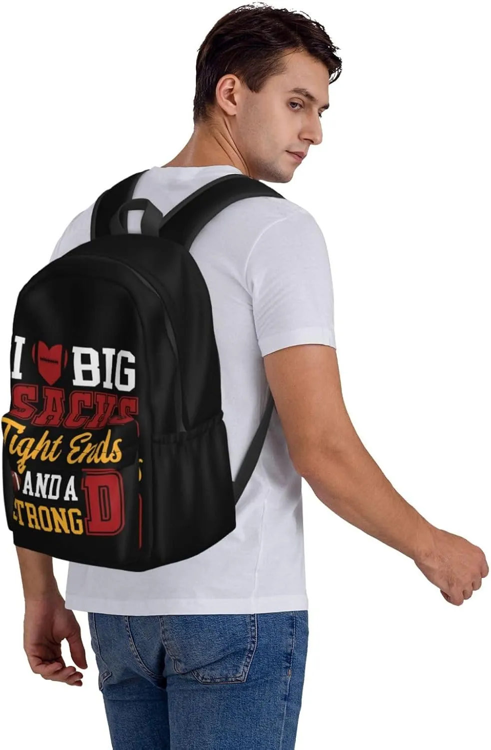 I Love Big Sacks Tight Ends and A Strong D Funny Football Backpack Casual Laptop Backpack Large Capacity Double Shoulder Bag Travel Daypack For Women Men
