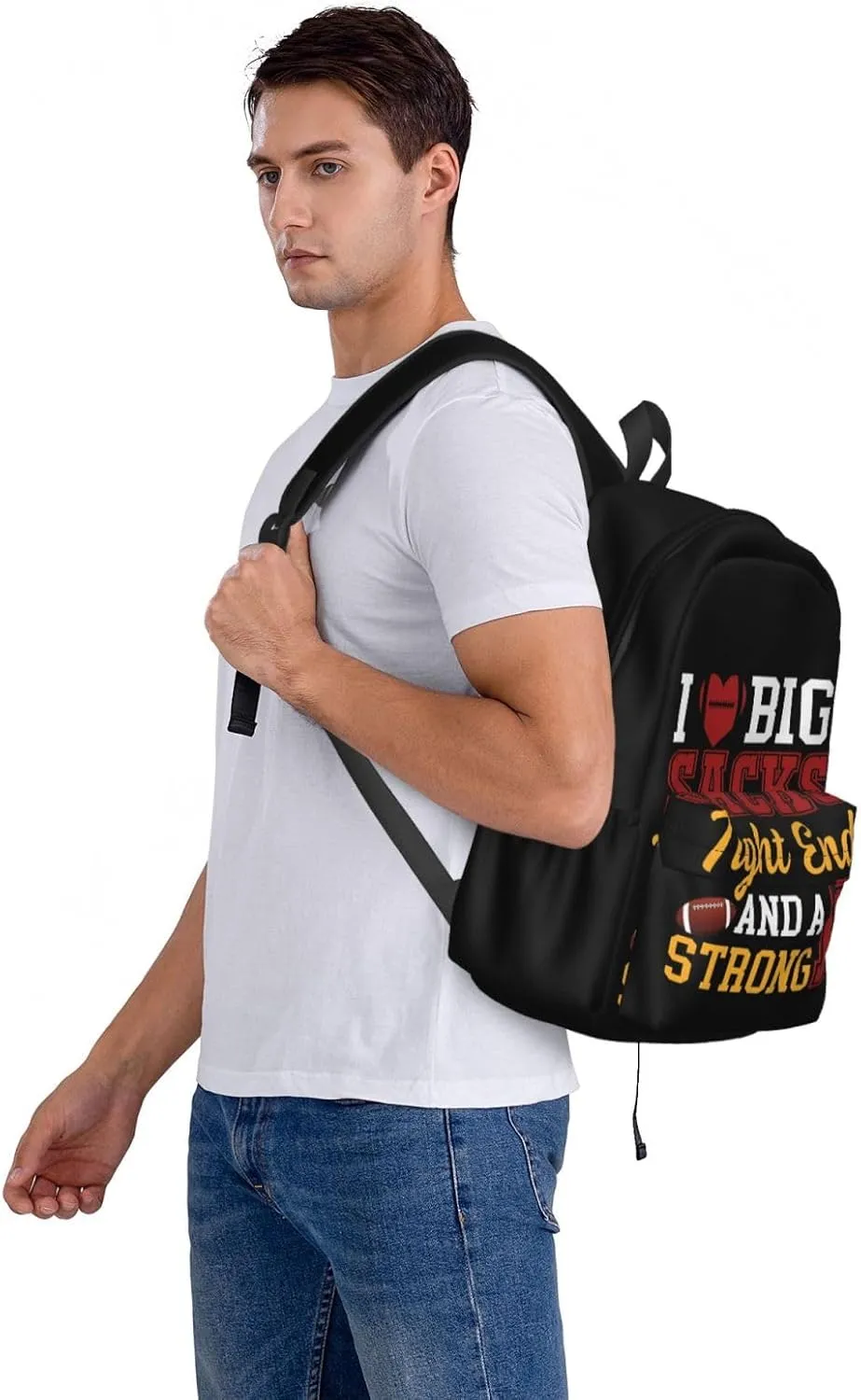 I Love Big Sacks Tight Ends and A Strong D Funny Football Backpack Casual Laptop Backpack Large Capacity Double Shoulder Bag Travel Daypack For Women Men