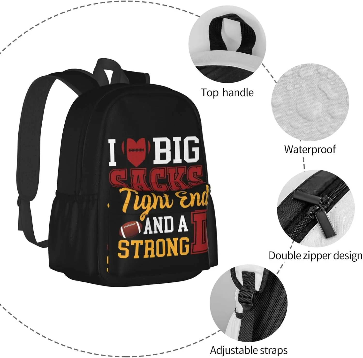 I Love Big Sacks Tight Ends and A Strong D Funny Football Backpack Casual Laptop Backpack Large Capacity Double Shoulder Bag Travel Daypack For Women Men