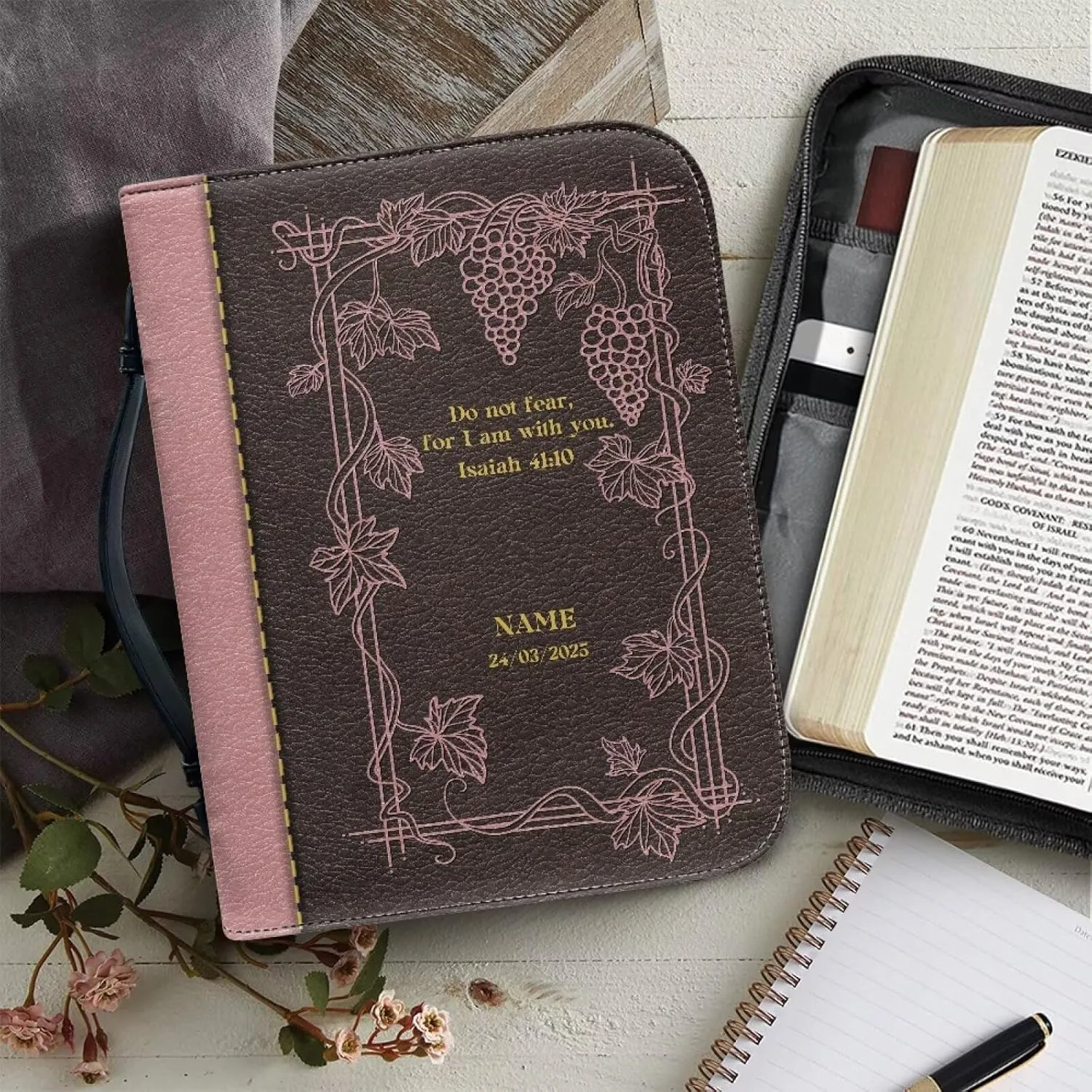 Inspirational Bible Quotes Bible Covers for Women 11x8 Inch Large Bible Carrying Case with Pockets Stain-Resistant Scripture Bag with Internal Compartments