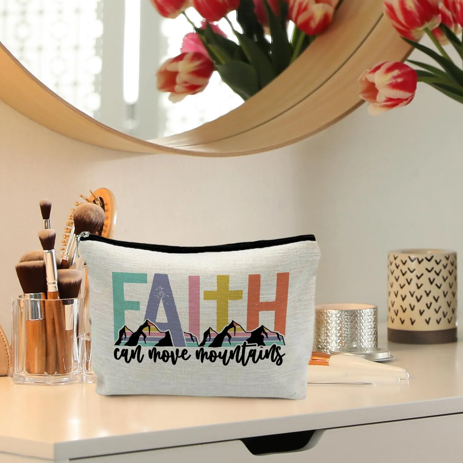 Inspirational Christian Gifts for Women, Christian Makeup Bag, Faith Can Move Mountains Bible Verse Scripture Cosmetic Bags for Women, Bible Verse Gifts, Religious Gifts for Christian Woman
