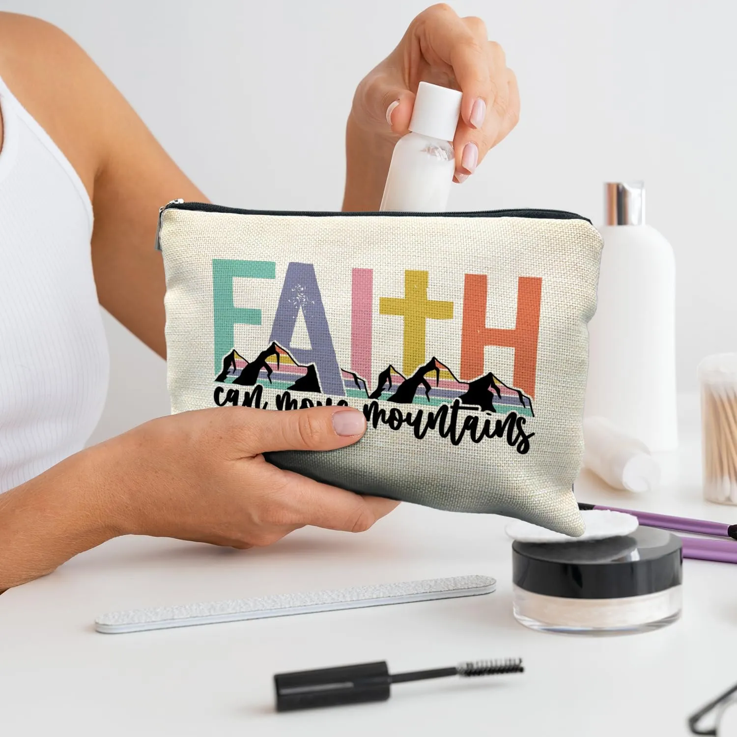Inspirational Christian Gifts for Women, Christian Makeup Bag, Faith Can Move Mountains Bible Verse Scripture Cosmetic Bags for Women, Bible Verse Gifts, Religious Gifts for Christian Woman