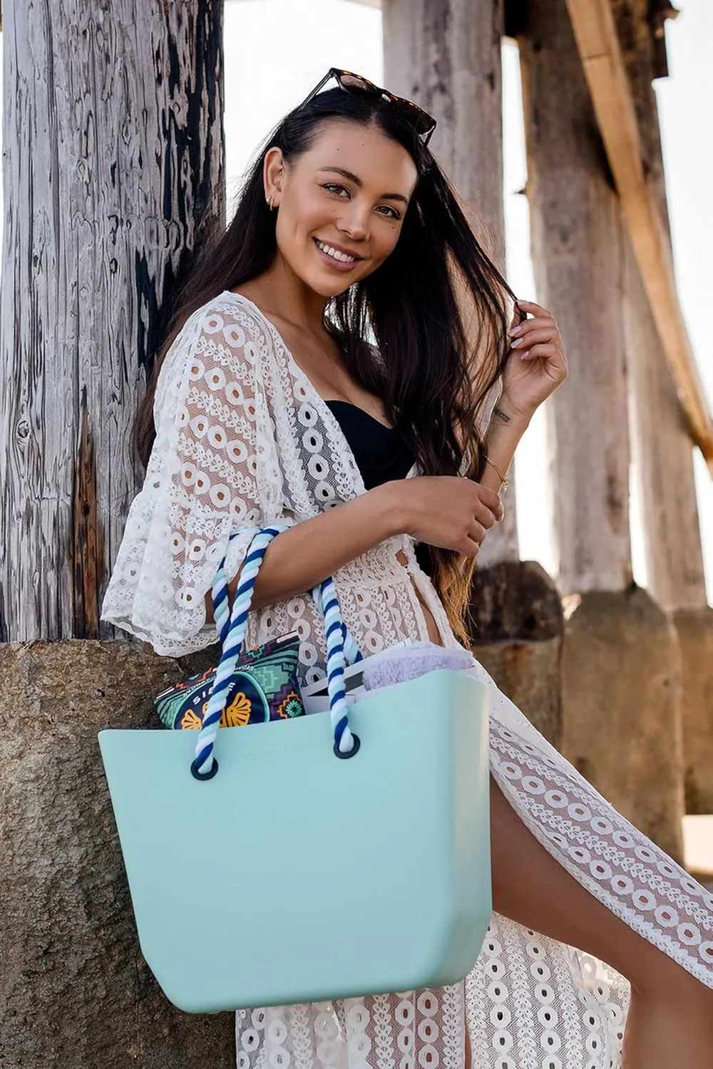 JEN & CO. Vira Versa Tote Bag, Light Pink - Large Utility Bag, Grocery, Beach, Rubber Tote Bags with Interchangeable Straps
