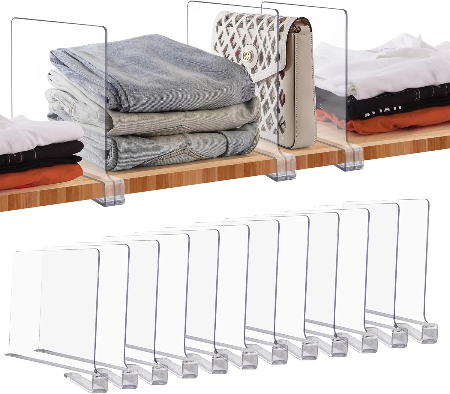 JOY DECOR 12 Pack Acrylic Clear Shelf Dividers for Closets Organizer and Storage Adjustable Vertical Wood Shelf Closet Separators for Clothes,Book,Bags in Bedroom and Kitchen