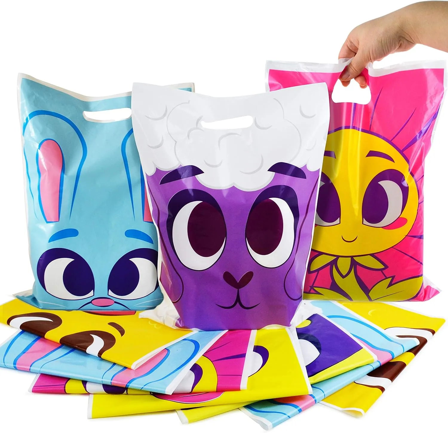 JOYIN 72 Pcs Easter Large Plastic Tote Bags Easter Goodie Treat Gift Bags with Handles for Egg Hunt, Kids Basket Party Favor Party Supplies