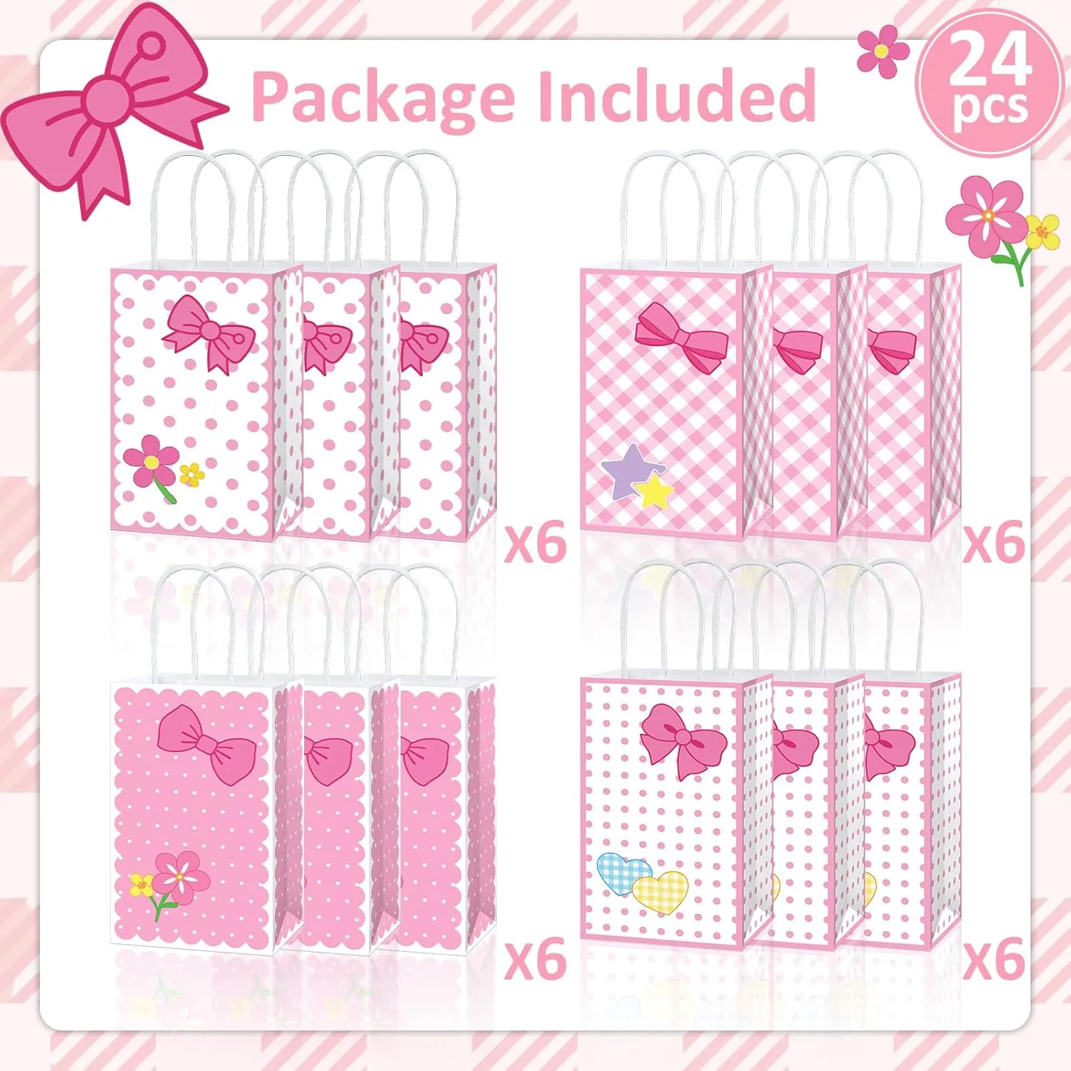 Justforjoyful 24Pcs Pink Cat Gift Bags Cartoon Cute Cat Party Favors Cute Kitty Candy Treat Candy Bags with Handles Bow Tie Flower Party Paper Bag for Baby Shower Birthday Party Decorations Supplies