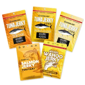 Kaimana Jerky Variety Pack - Ahi Tuna, Salmon & Wahoo Ono Fish Jerky - Sweet Flavors, All-Natural, Wild-Caught, Protein-Packed, Omega-3 Rich - Made in Hawaii - 5 Bags, Great Gift for Dad