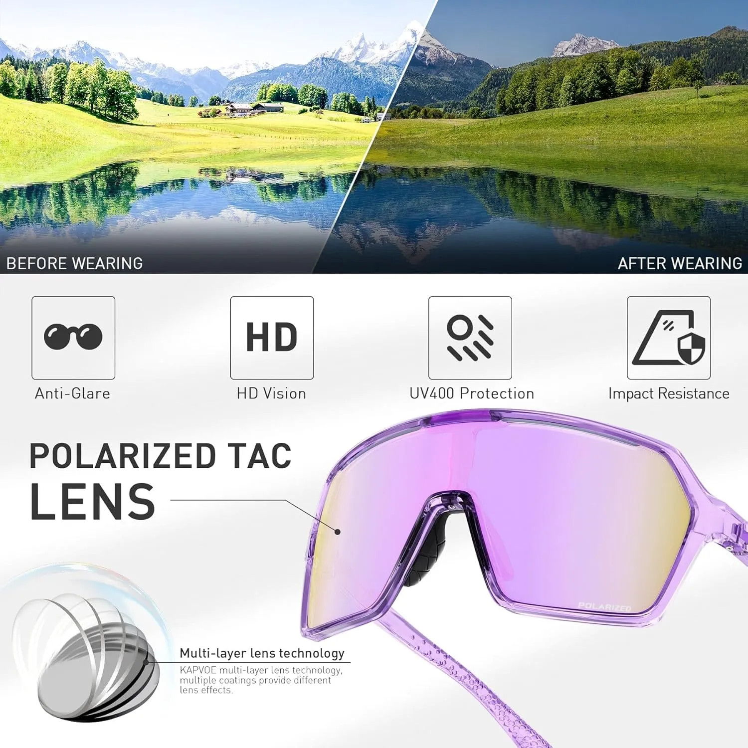 KAPVOE Polarized Cycling Glasses Men Women Sports Sunglasses Mountain Bike Baseball MTB Running Fishing Golf Driving - K335
