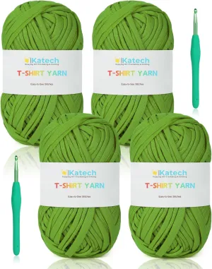 Katech 400g T-Shirt Yarn for Crocheting, 130 Yards Elastic Fabric Crochet Cloth Yarn for Knitting Bag Basket Cushion Project, Super Easy Yarn for Beginner to Learn Crochet (Green)