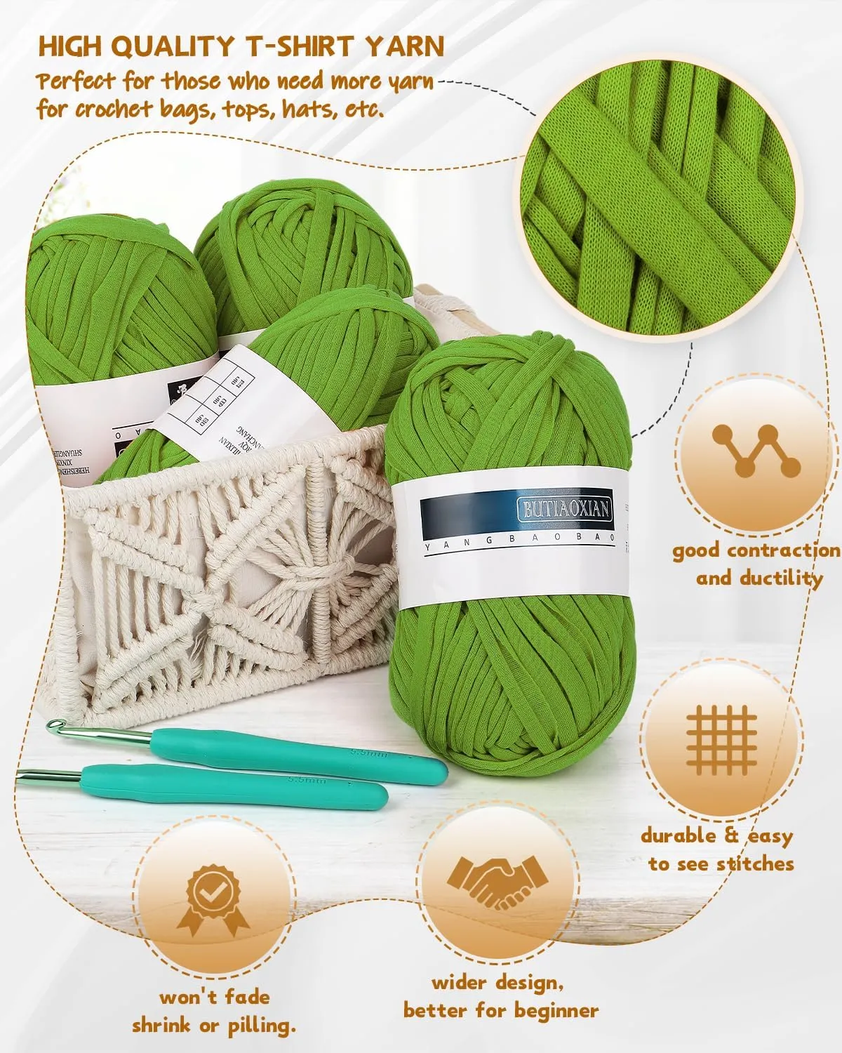 Katech 400g T-Shirt Yarn for Crocheting, 130 Yards Elastic Fabric Crochet Cloth Yarn for Knitting Bag Basket Cushion Project, Super Easy Yarn for Beginner to Learn Crochet (Green)
