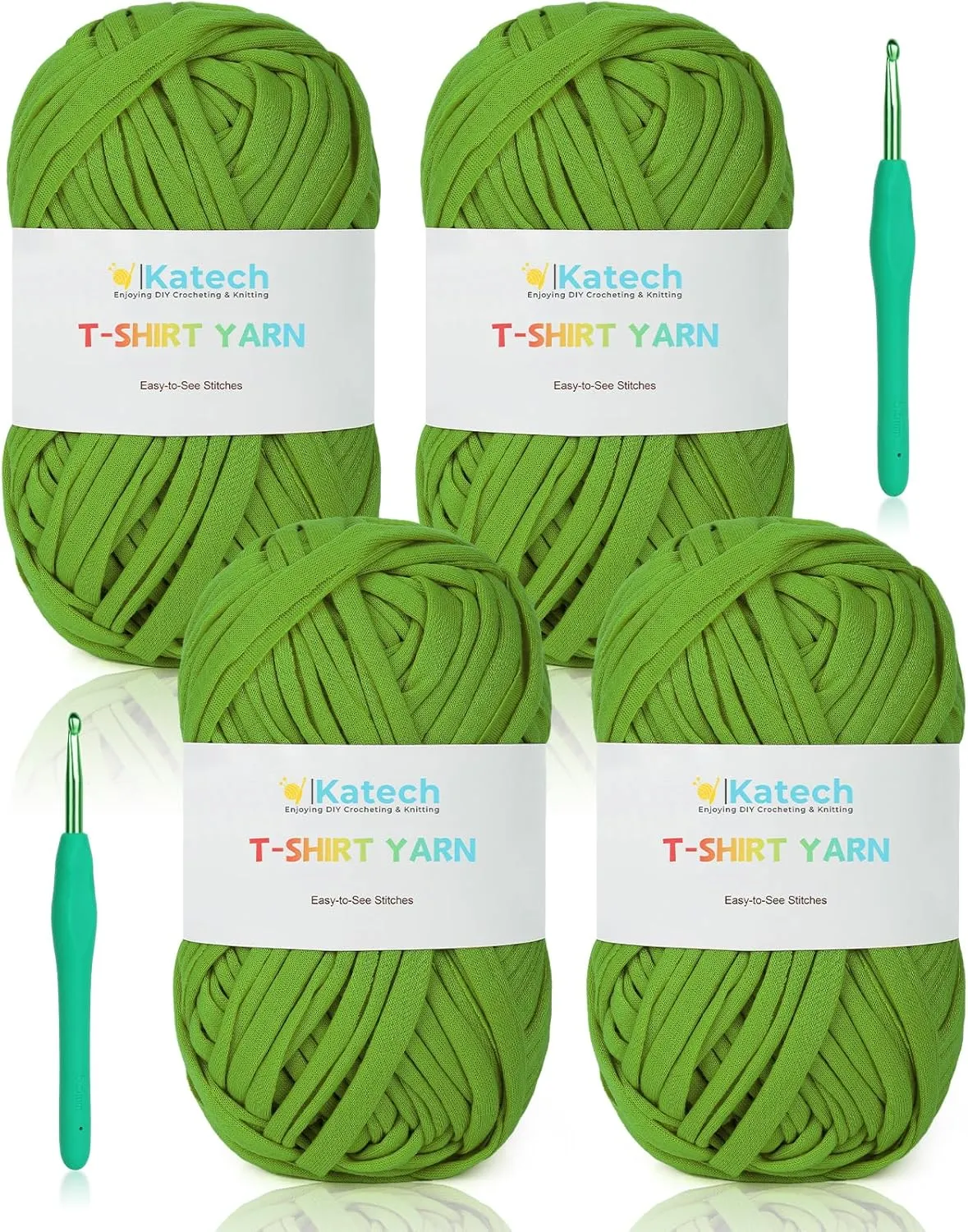 Katech 400g T-Shirt Yarn for Crocheting, 130 Yards Elastic Fabric Crochet Cloth Yarn for Knitting Bag Basket Cushion Project, Super Easy Yarn for Beginner to Learn Crochet (Green)