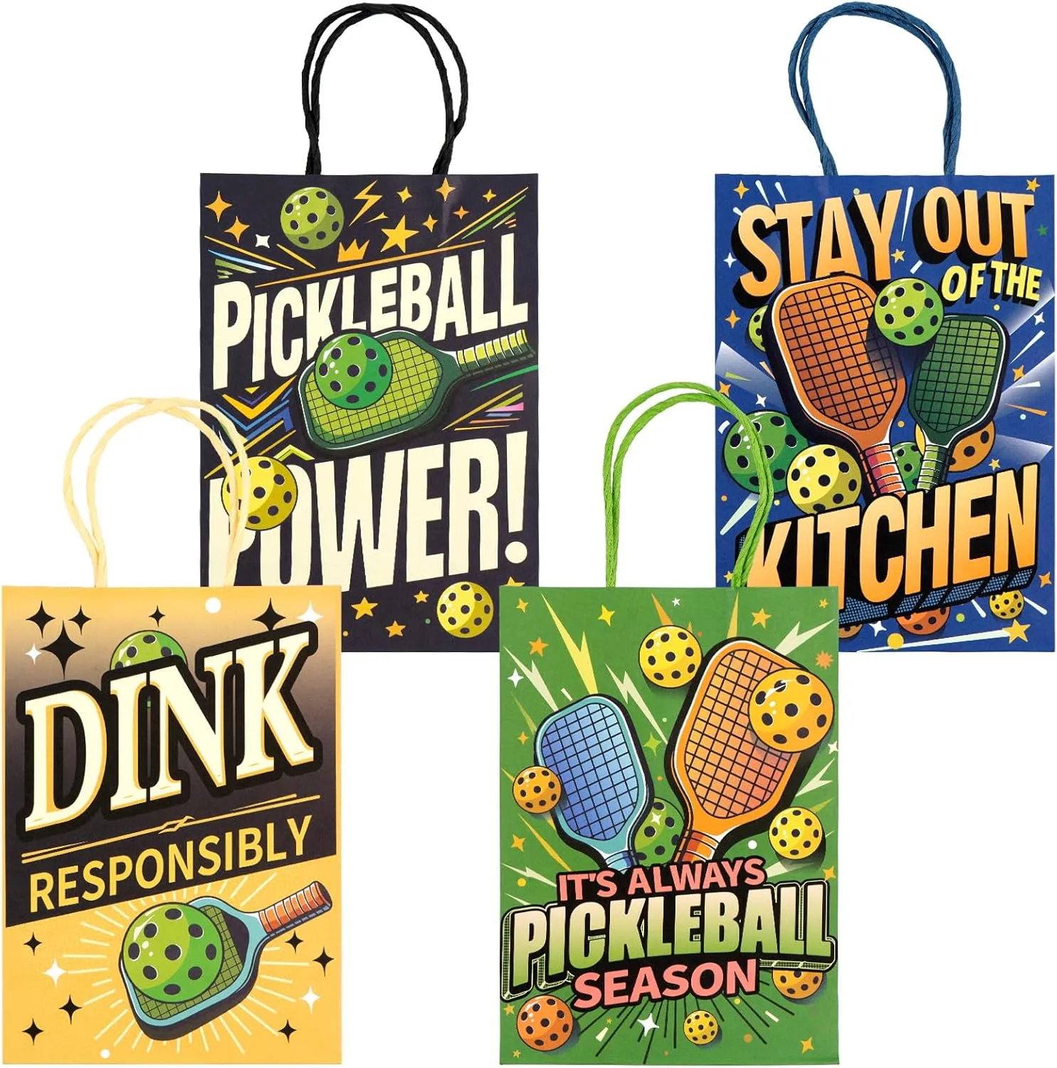 Kauai Sun 16PCS Pickleball Gift Bags, Pickle Ball Themed Party Supplies Favors Bags, Four Original Vibrant Designs for Pickleball Enthusiasts Players Team Coach Retirement Gifts Goodies