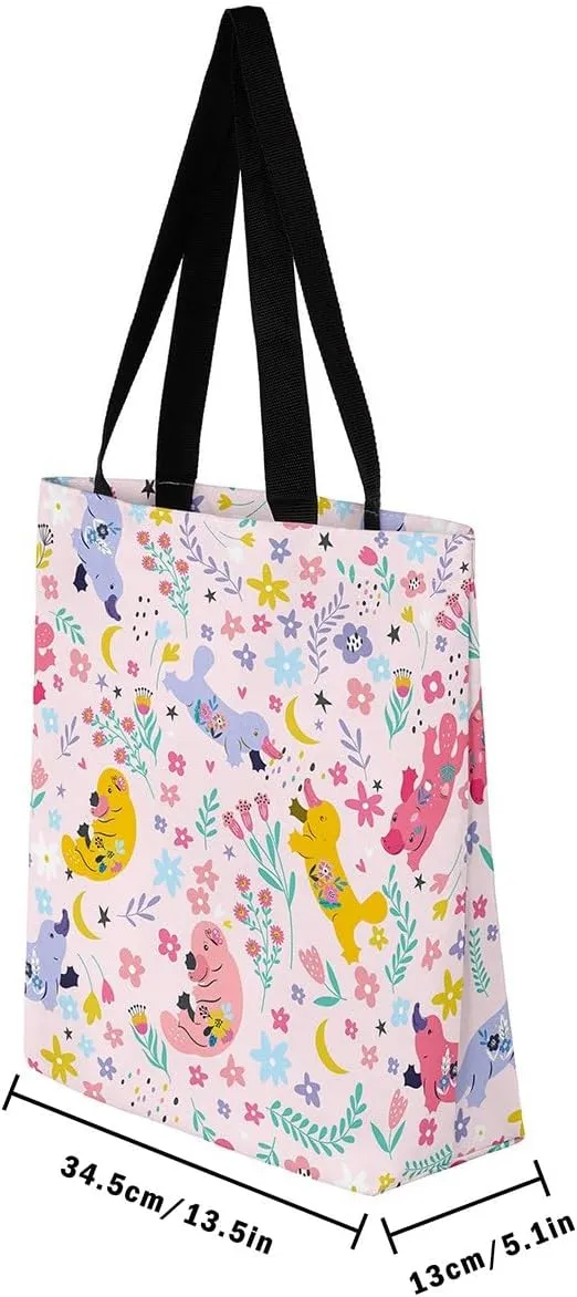 Kawaii Floral Animal Canvas Tote Bag,Cute Cartoon Animal Pink Flower Shopping Grocery Bags