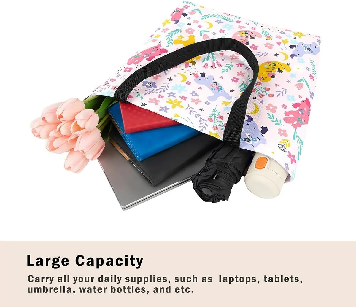 Kawaii Floral Animal Canvas Tote Bag,Cute Cartoon Animal Pink Flower Shopping Grocery Bags